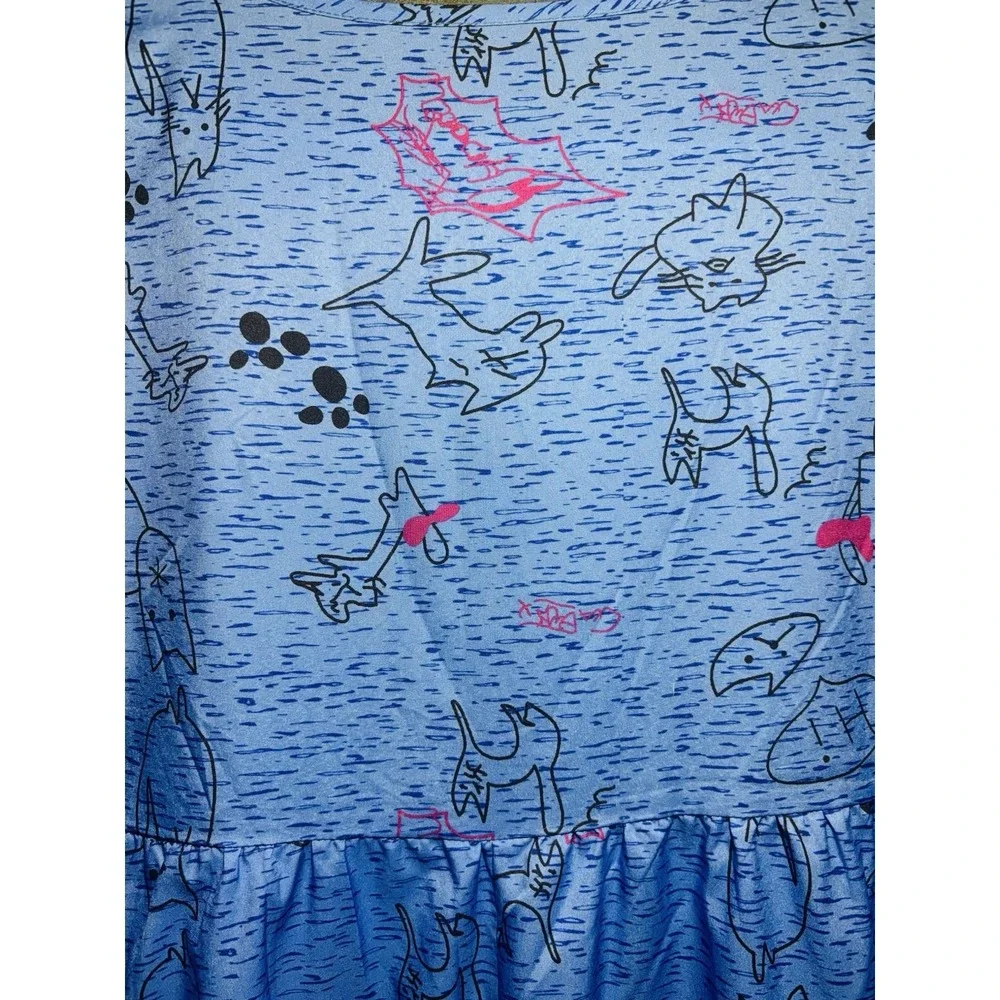 Fashion Dress Women's Blue Cat and Paws Print Short Sleeve